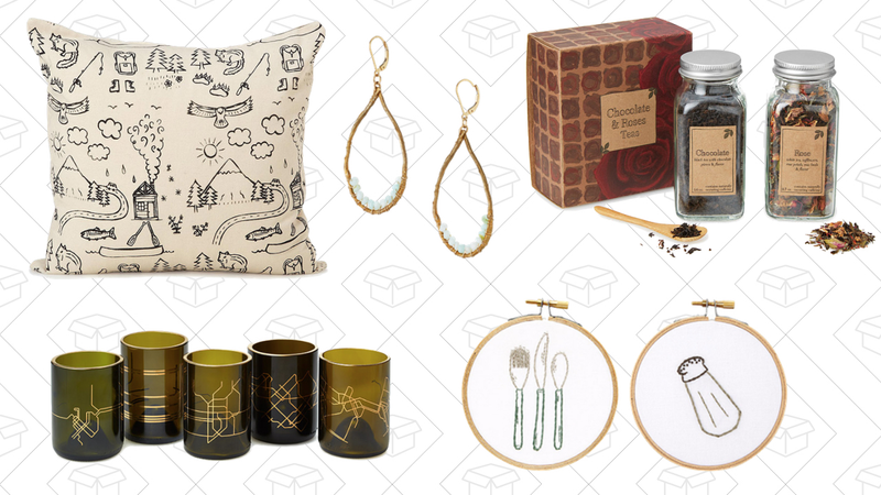 Illustrated Land & Sea Pillows, $27 | Subway Map Glasses - Set of 2, $28 | Peruvian Opal Vine Earrings, $90 | Chocolate & Roses Teas, $15 | Foodie Duo Embroidery Hoop Art, $38